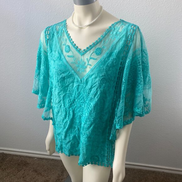 Sapphire Anthropology brand turquoise intricate lace boho top. Sz Large petite. - Picture 9 of 12